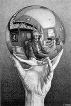 Mano con sfera riflettente, litografia, 1935
