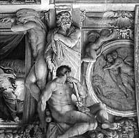 Annibale Carracci, Galleria Farnese, particolare degli ignudi con medaglione bronzeo